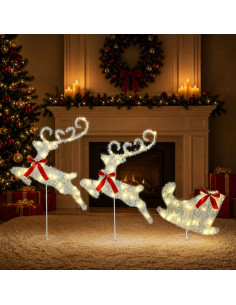 Renna di Natale con slitta 3 pz 72 LED Bianco caldo