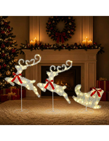 Renna di Natale con slitta 3 pz 72 LED Bianco caldo