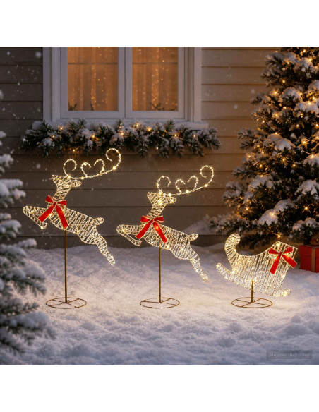 Renna di Natale con slitta 3 pz 72 LED Bianco caldo