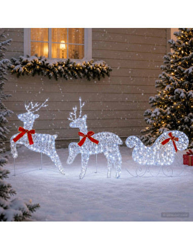 Renna di Natale con slitta 3 pz 60 LED Bianco freddo