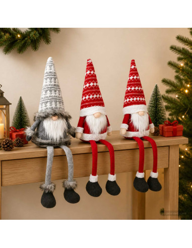 Set di gnomi seduti con luci LED 3 pz Rosso e Grigio 20 x 60 cm