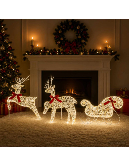 Renna di Natale con slitta 3 pz 60 LED Bianco caldo