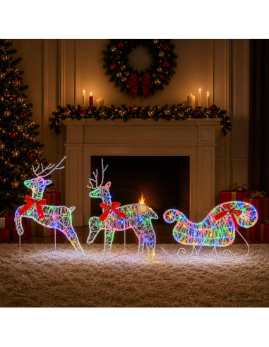 Renna di Natale con slitta 3 pz 60 LED Multicolore