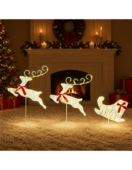 Renna di Natale con slitta 3 pz 72 LED Bianco caldo