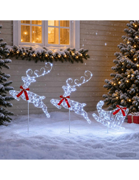 Renna di Natale con slitta 3 pz 160 LED Bianco freddo