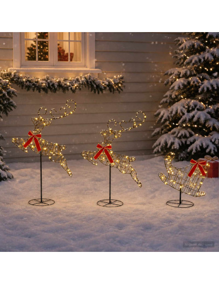 Renna di Natale con slitta 3 pz 72 LED Bianco caldo