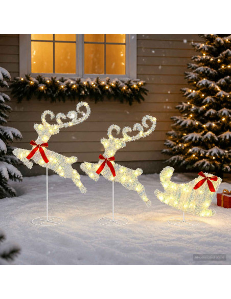 Renna di Natale con slitta 3 pz 72 LED Bianco caldo