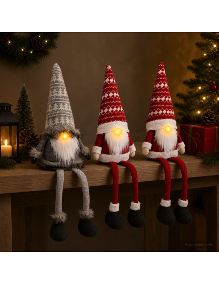 Set di gnomi seduti con luci LED 3 pz Rosso e Grigio 20 x 60 cm