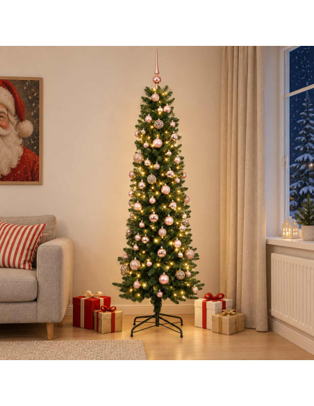 Albero di Natale Artificiale Slim con Palline 180 cm 300 LED