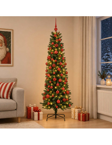 Albero di Natale Artificiale Slim con Palline 180 cm 300 LED