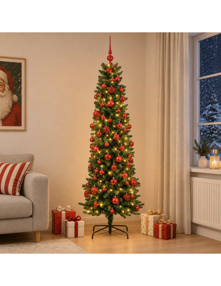 Albero di Natale Artificiale Slim con Palline 180 cm 300 LED