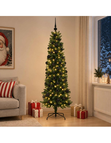 Albero di Natale Artificiale Slim con Palline 180 cm 300 LED