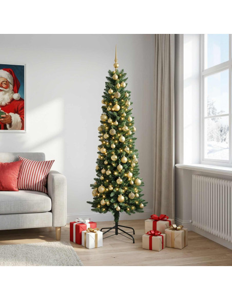 Albero di Natale Artificiale Slim con Palline 180 cm 300 LED