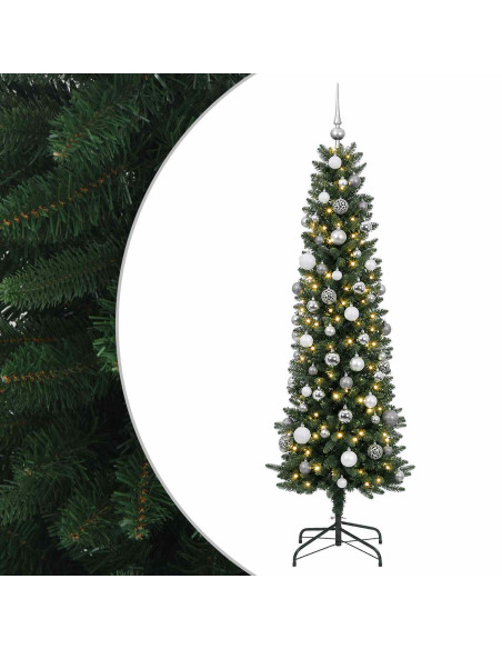 Albero di Natale artificiale sottile con palline 180 cm 300 LED