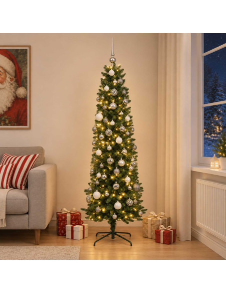 Albero di Natale artificiale sottile con palline 180 cm 300 LED