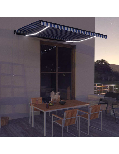 Tenda da Sole Retrattile Manuale e LED 400x300cm Blu e Bianco