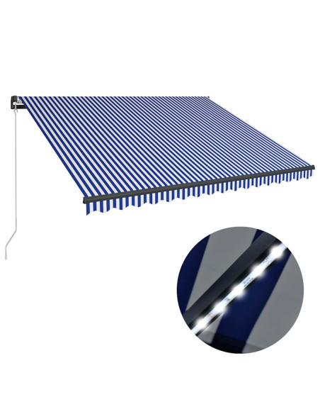 Tenda da Sole Retrattile Manuale e LED 400x300cm Blu e Bianco