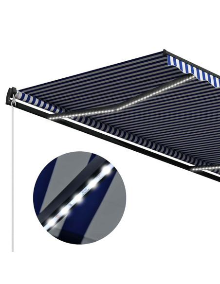 Tenda da Sole Retrattile Manuale e LED 400x300cm Blu e Bianco