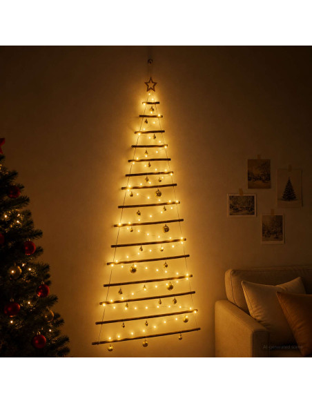 Albero di Natale appeso con palle 210 cm 130 LED Bianco caldo