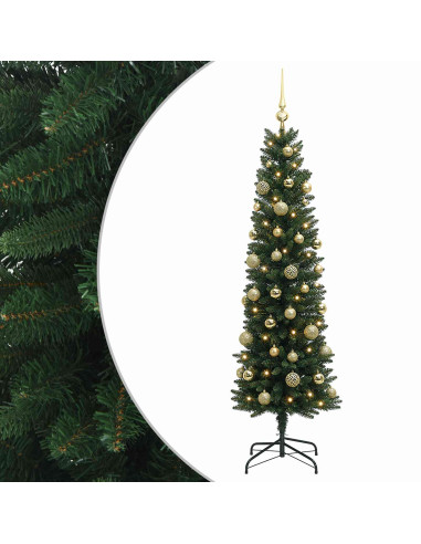 Albero di Natale Artificiale Slim con Palline 150 cm 150 LED