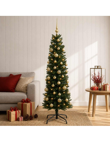 Albero di Natale Artificiale Slim con Palline 150 cm 150 LED