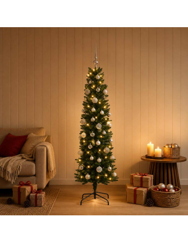 Albero di Natale Artificiale Slim con Palline 150 cm 150 LED
