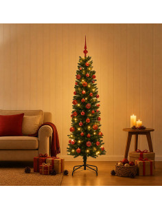 Albero di Natale Artificiale Slim con Palline 150 cm 150 LED