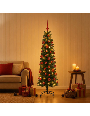 Albero di Natale Artificiale Slim con Palline 150 cm 150 LED