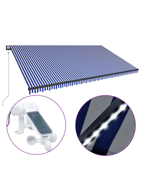 Tenda con Sensore Vento e LED 600x300 cm Blu e Bianca