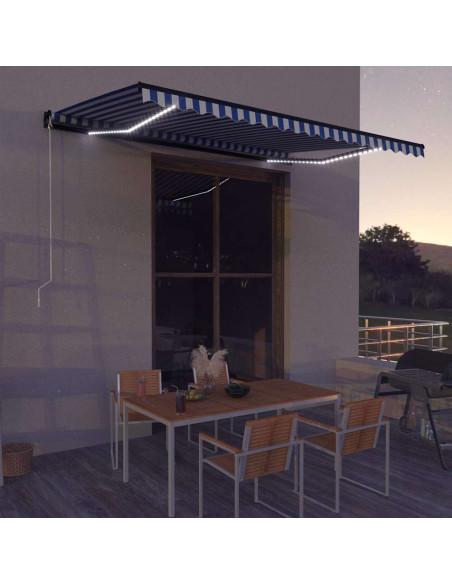 Tenda da Sole Retrattile Manuale con LED 500x300cm Blu e Bianco