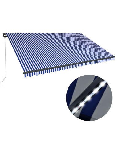 Tenda da Sole Retrattile Manuale con LED 500x300cm Blu e Bianco