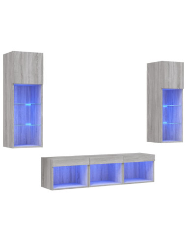 Mobili TV a Muro con LED 5pz Grigio Sonoma in Legno Multistrato