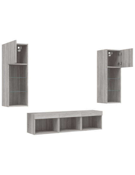 Mobili TV a Muro con LED 5pz Grigio Sonoma in Legno Multistrato