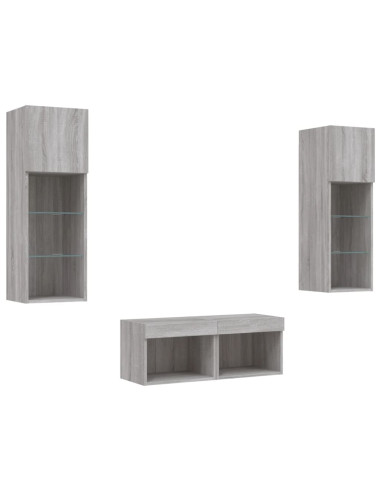 Mobili TV a Muro 4pz con Luci LED Grigio Sonoma