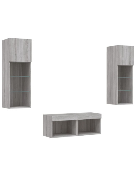 Mobili TV a Muro 4pz con Luci LED Grigio Sonoma