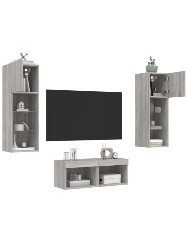 Mobili TV a Muro 4pz con Luci LED Grigio Sonoma