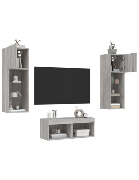 Mobili TV a Muro 4pz con Luci LED Grigio Sonoma
