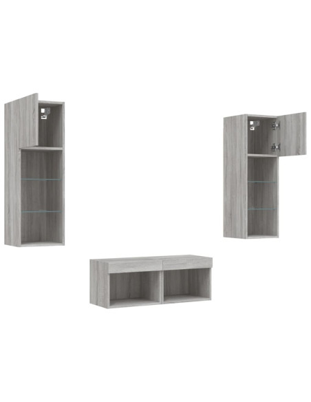 Mobili TV a Muro 4pz con Luci LED Grigio Sonoma