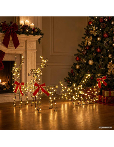 Renna di Natale 3D con slitta LOVIISA 3 pz 400 LED Bianco caldo