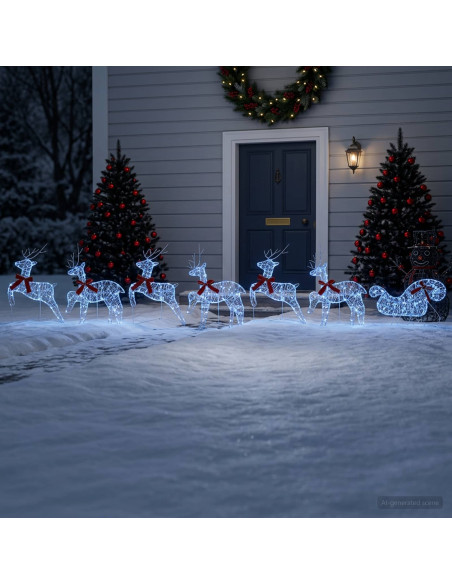 Renna di Natale con slitta 7 pz 140 LED Blu 43 x 19 x 65 cm