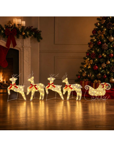 Renna di Natale con slitta 5 pz 100 LED Bianco caldo