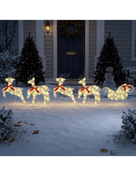 Renna di Natale con slitta 5 pz 100 LED Bianco caldo