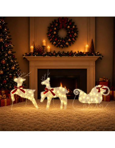 Renna di Natale con slitta 3 pz 60 LED Bianco caldo