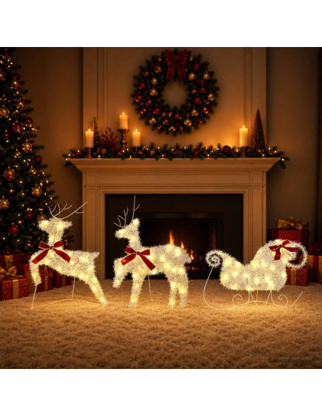 Renna di Natale con slitta 3 pz 60 LED Bianco caldo