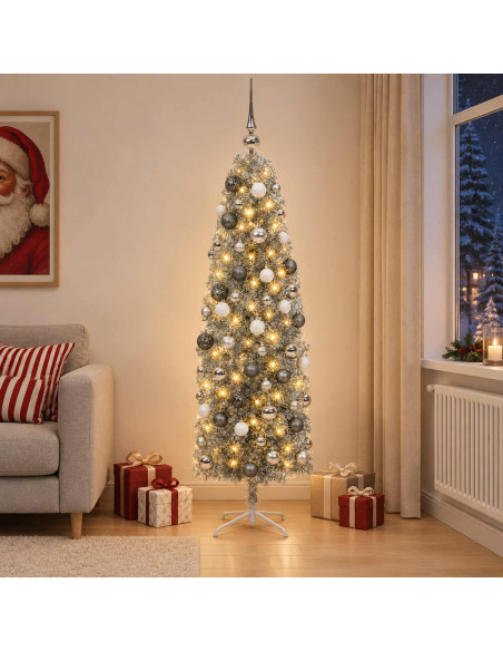 Albero di Natale Artificiale Slim con Palline 240 cm 300 LED