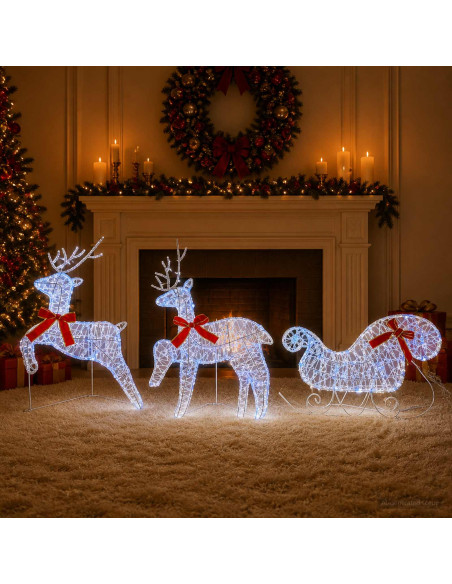 Renna di Natale con slitta 3 pz 60 LED Blu 150 x 19 x 65 cm