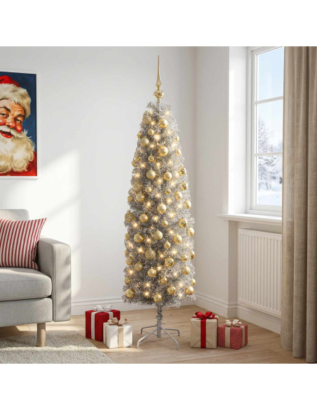 Albero di Natale Artificiale Slim con Palline 240 cm 300 LED