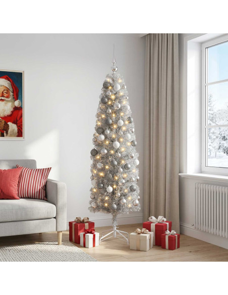 Albero di Natale Artificiale Slim con Palline 240 cm 300 LED