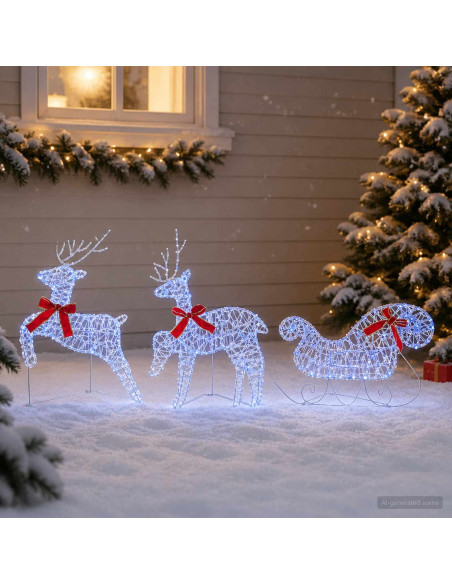 Renna di Natale con slitta 3 pz 60 LED Blu 150 x 19 x 65 cm