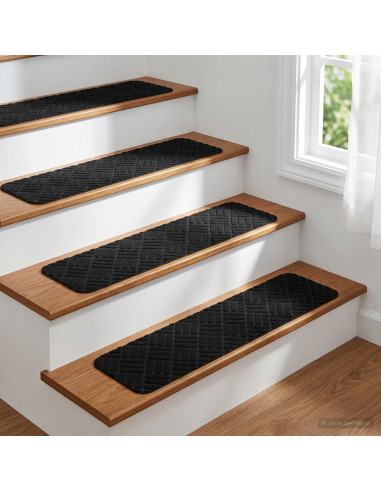 Tappeti per scale 15 pz 76 x 20 cm Nero Poliestere Rettangolare